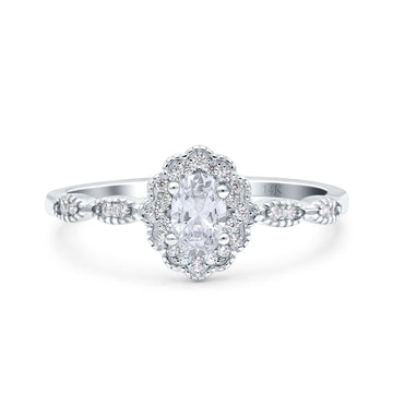 14K White Gold Halo Art Deco Oval Bridal Simulated CZ Wedding Engagement Ring Size-7
